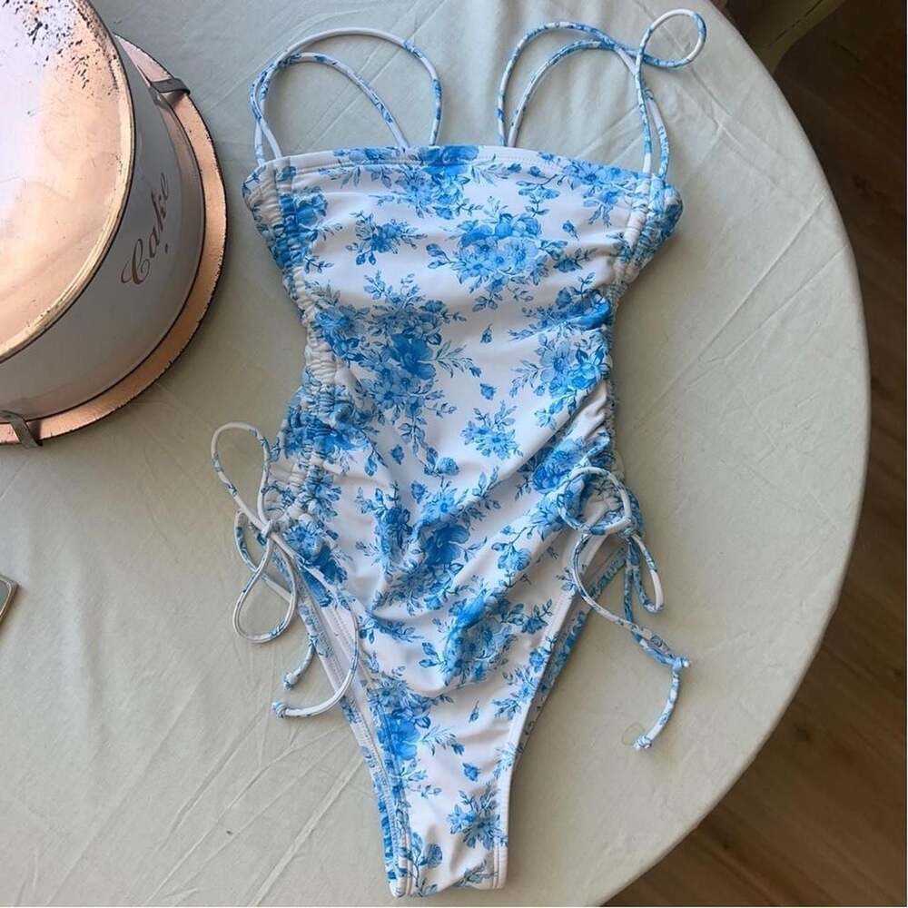 Wild Fable Blue Floral Ruched Side Tie One Piece Swimsuit